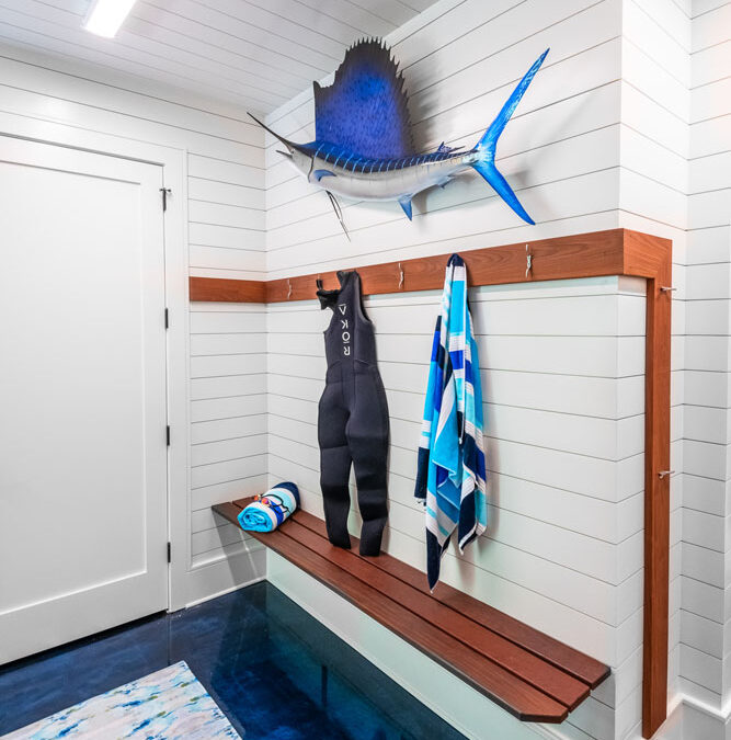 Drop zone with seating and coat hooks