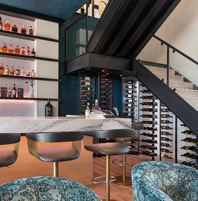 Bar with custom shelving and wine storage