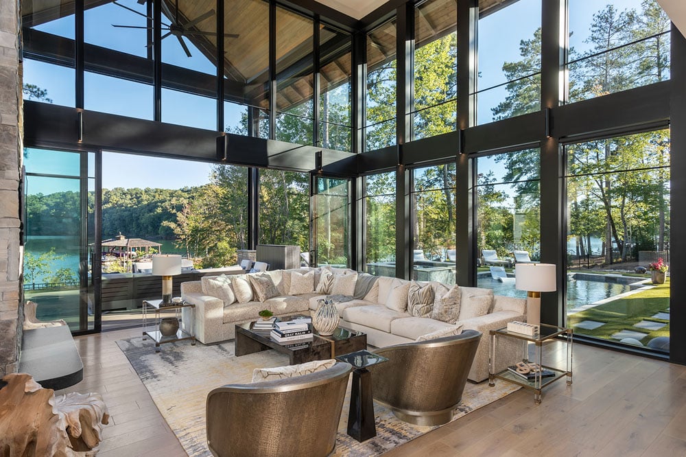 Glass walls in living room with views of Lake Keowee