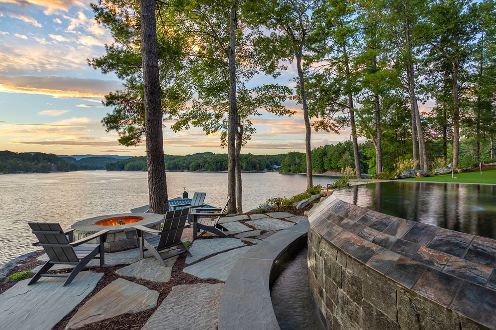 Infinity pool and fire pit on Lake Keowee