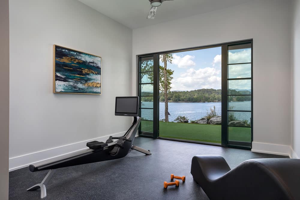 workout space with view of lake