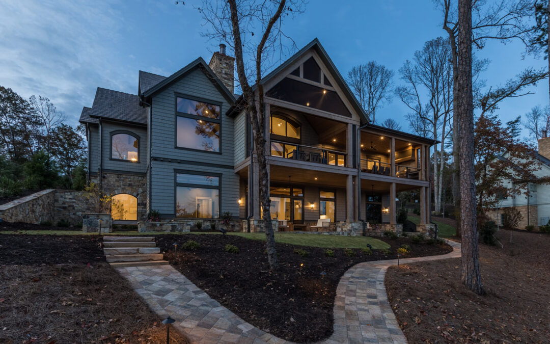 Rear of home with double porches facing Lake Keowee