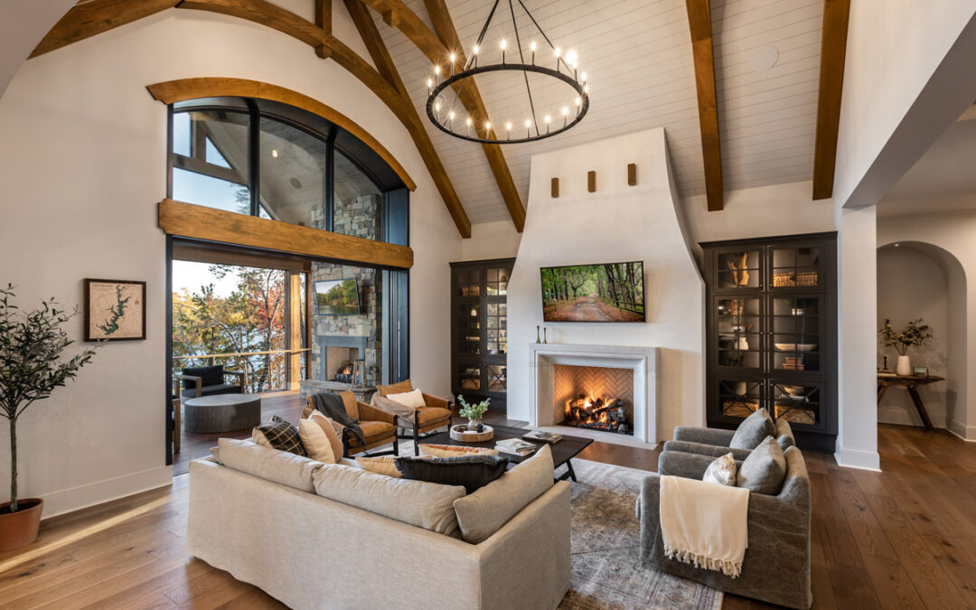 Living room with vaulted ceilings and fireplace