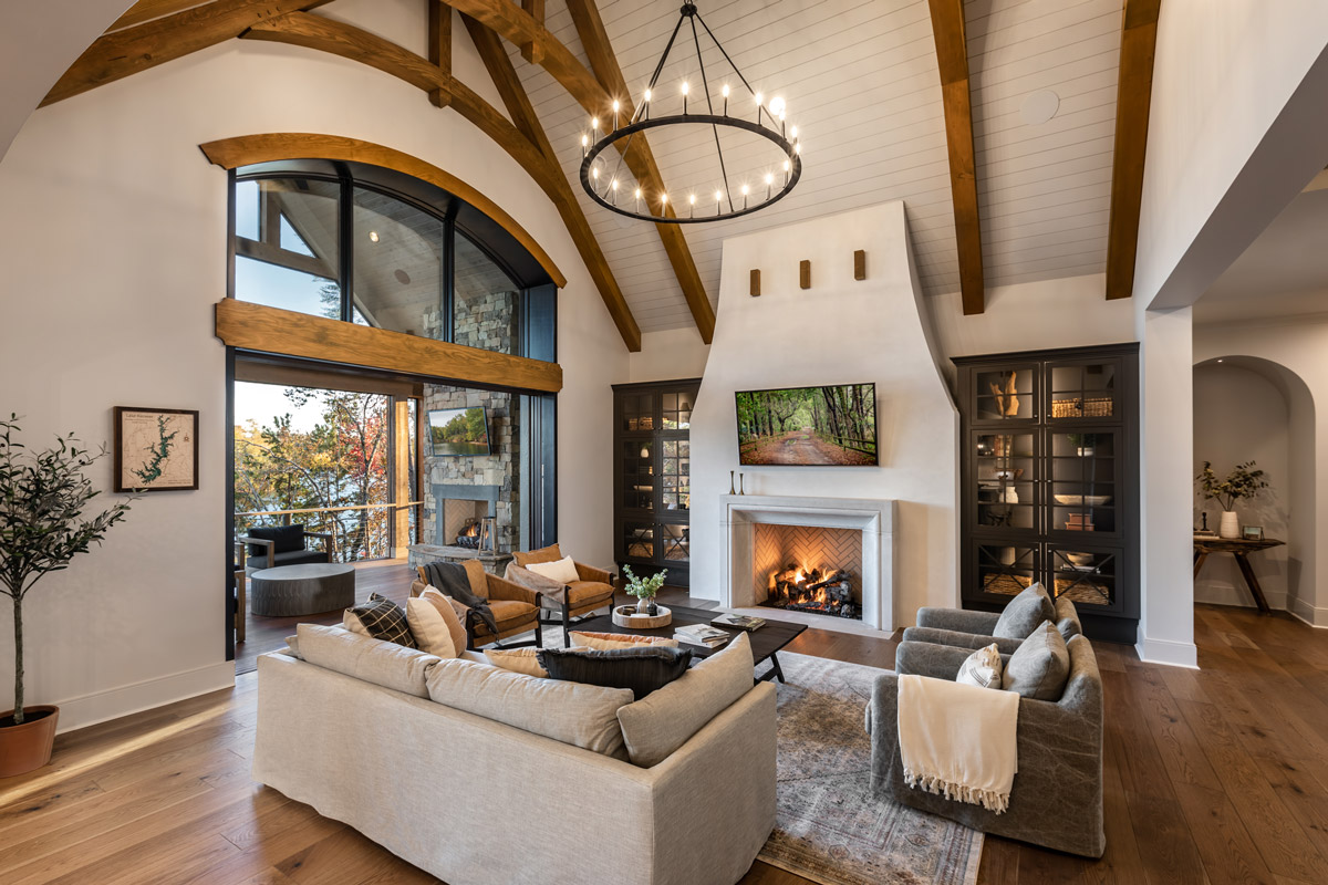 Living room with vaulted ceilings and fireplace