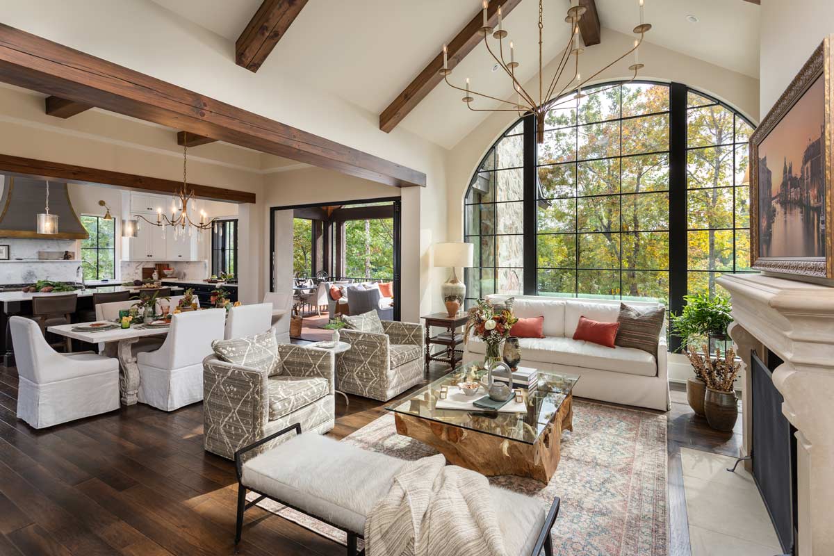 Open plan living space with living room, dining and kitchen