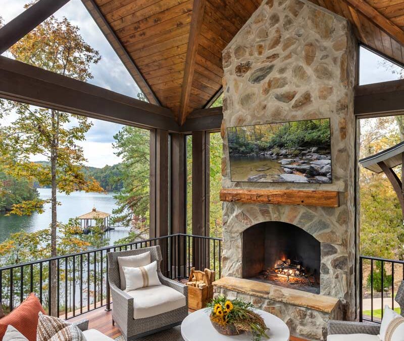 Porch with fire place and views of Lake Keowee, SC