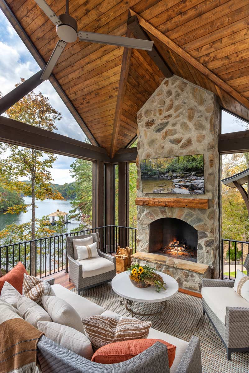Porch with fire place and views of Lake Keowee, SC