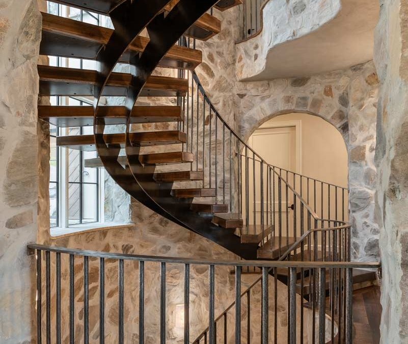 Spiral staircase with stonework