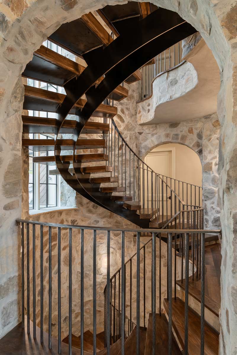 Spiral staircase with stonework