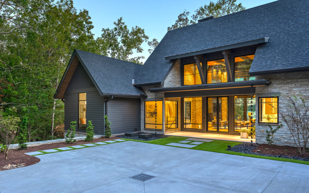 Exterior, evening, lighting, landscaping