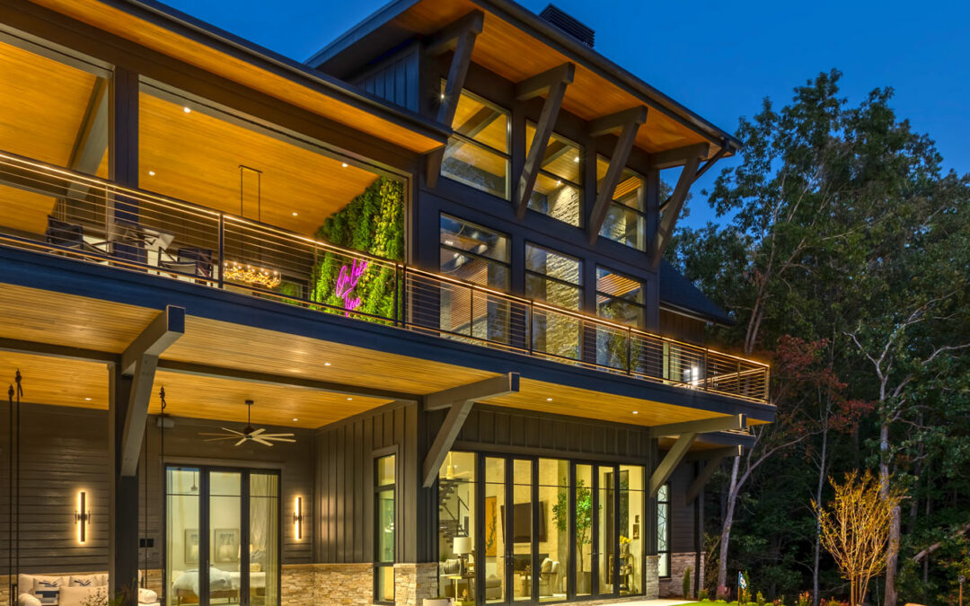 Exterior, lake view, evening, putting green, lighting, landscaping