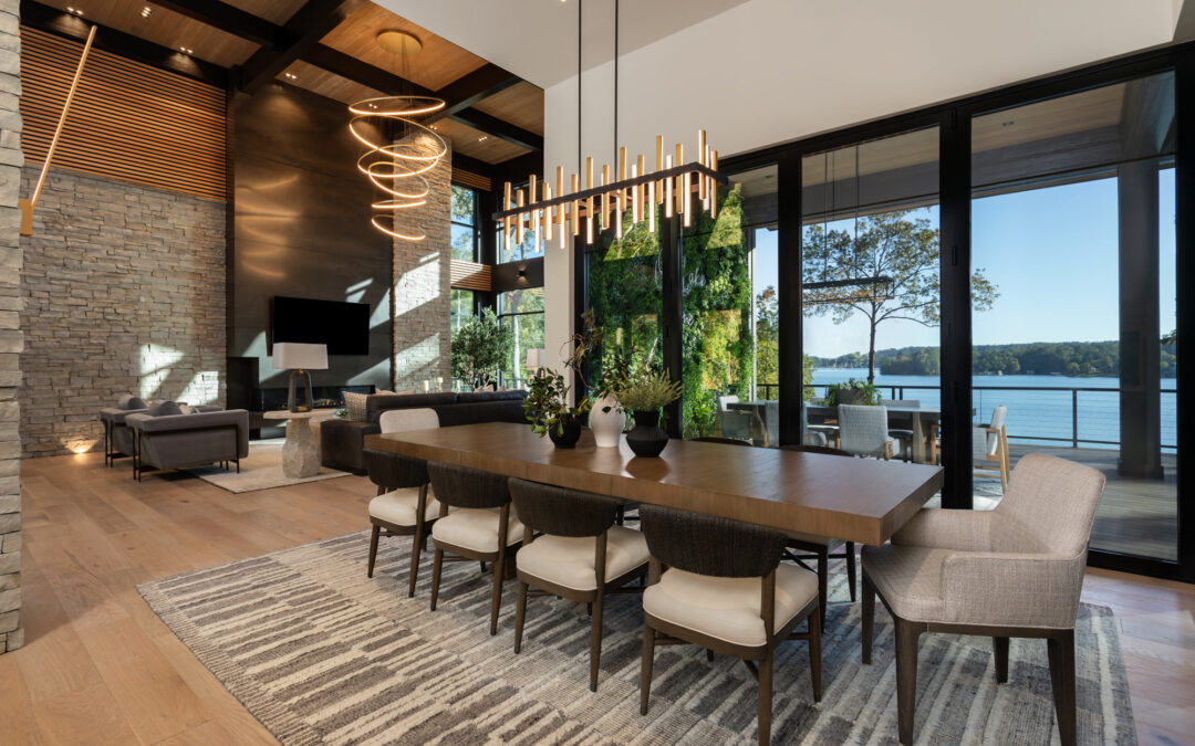 dining room, lake views, custom lighting