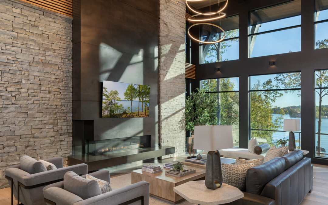 living room, fireplace, lake views