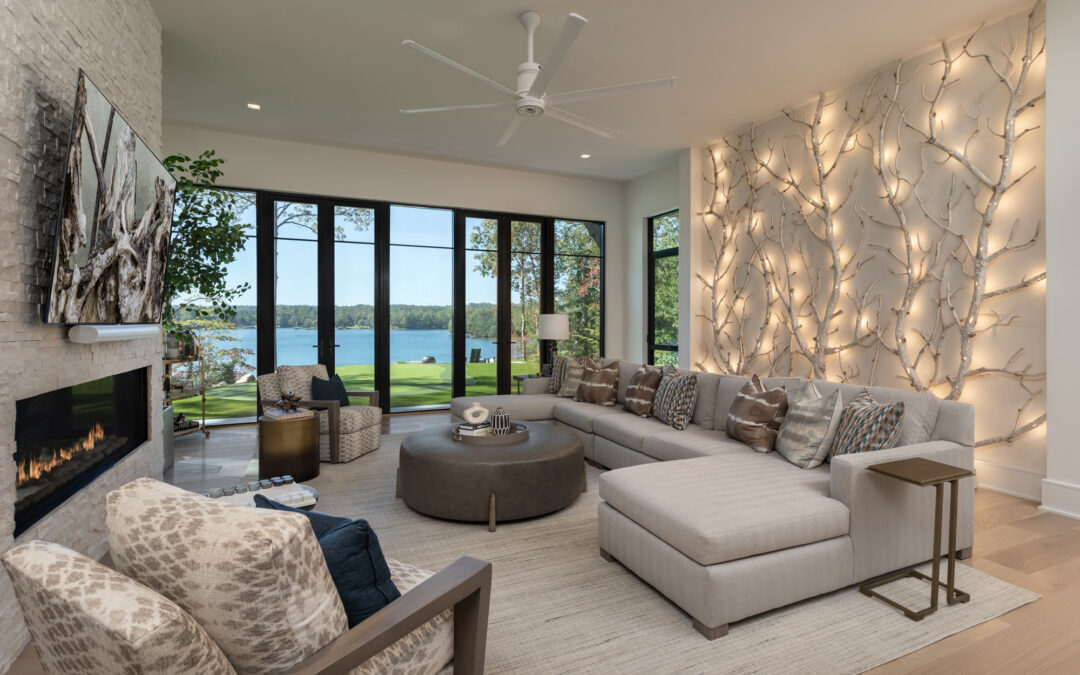 casual space, lake views and fireplace