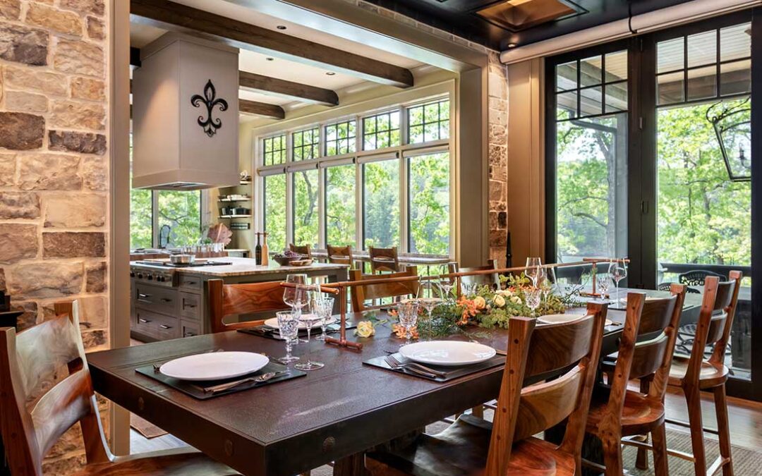 Dining area, coffered ceiling, windows