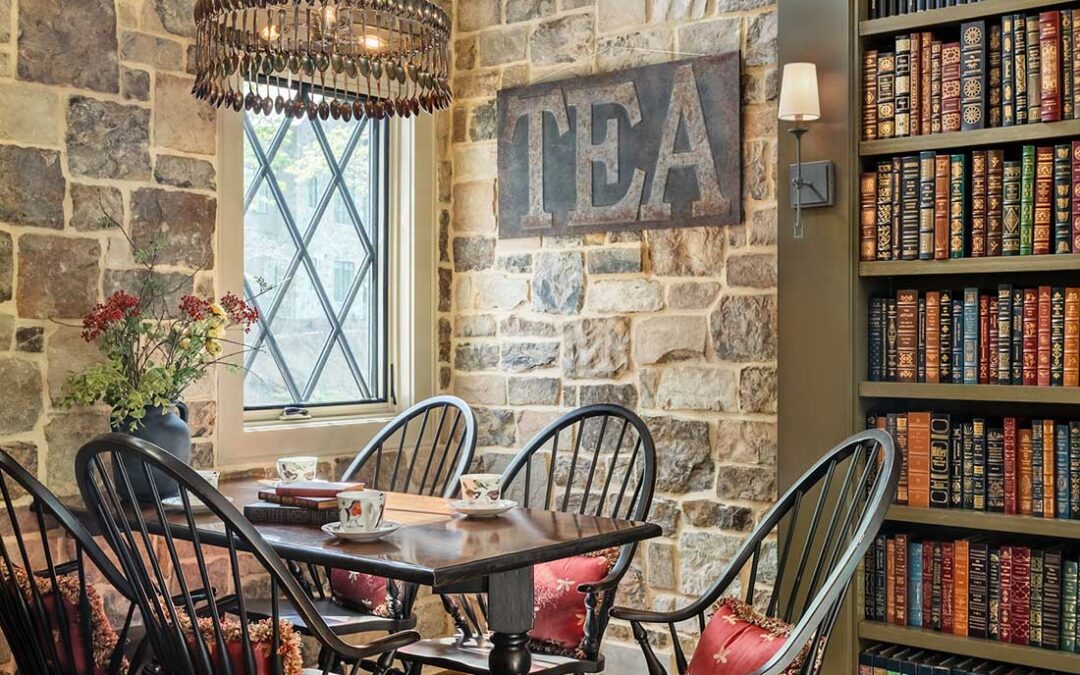 Stone walls, dining nook, bookshelves, antiques