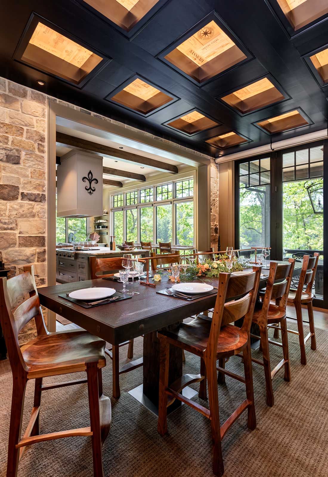 Dining area, coffered ceiling, windows