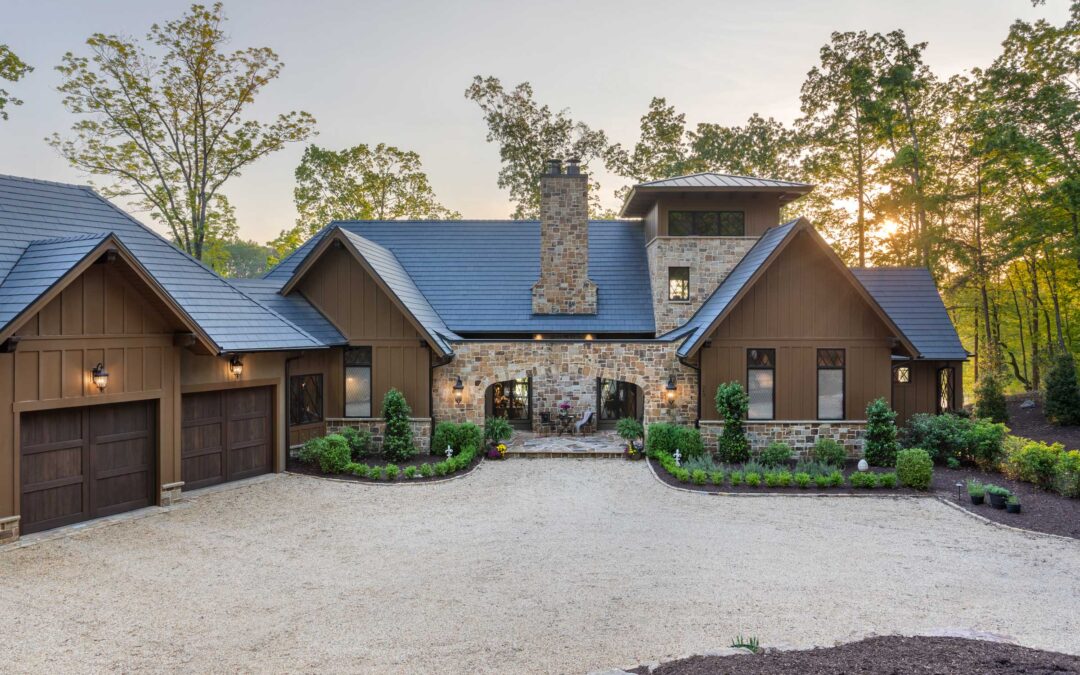 Exterior, stone fascia. Arched entry. Photographed during the evening.