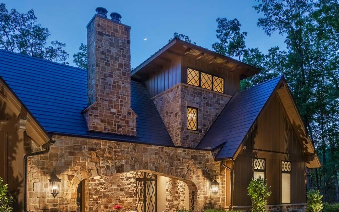 Exterior, stone fascia. Arched entry.