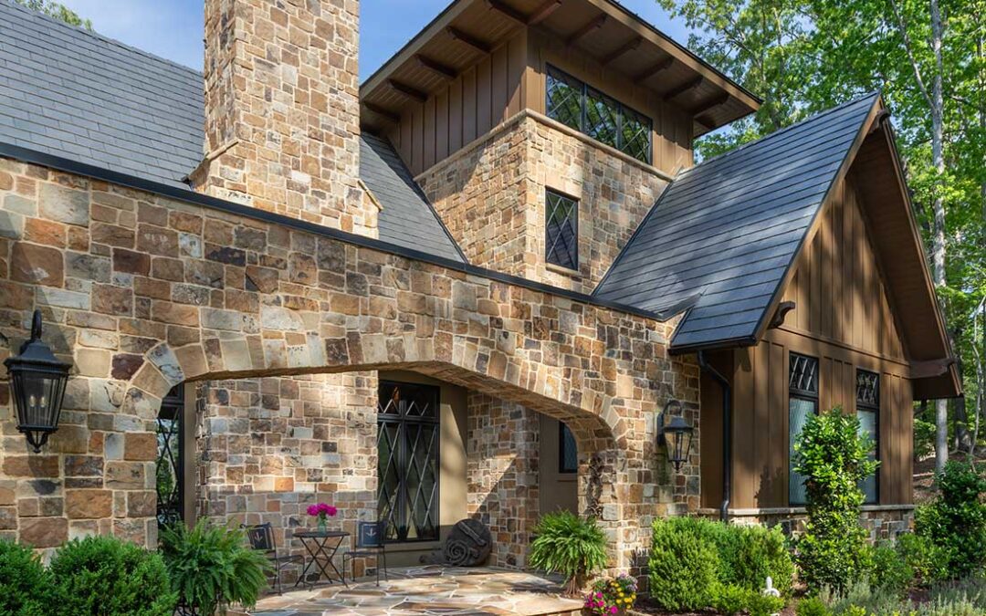 Exterior, stone fascia. Arched entry.