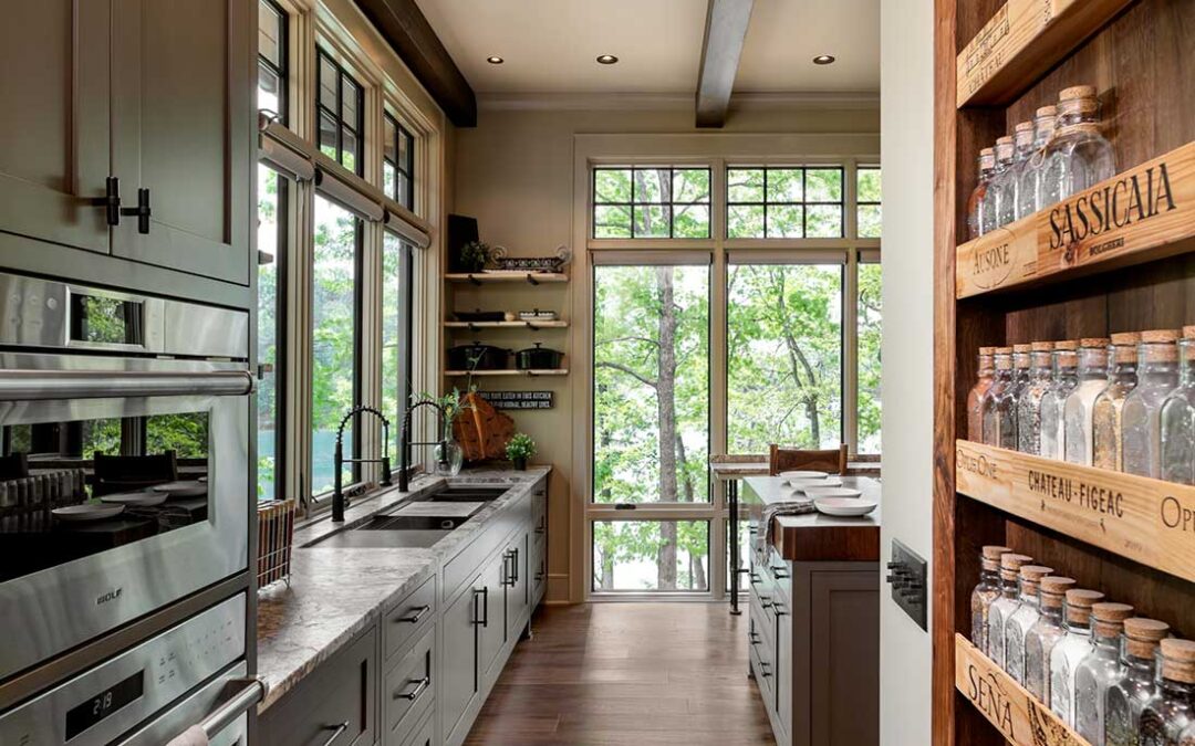 open shelving, brick wall, custom cabinets