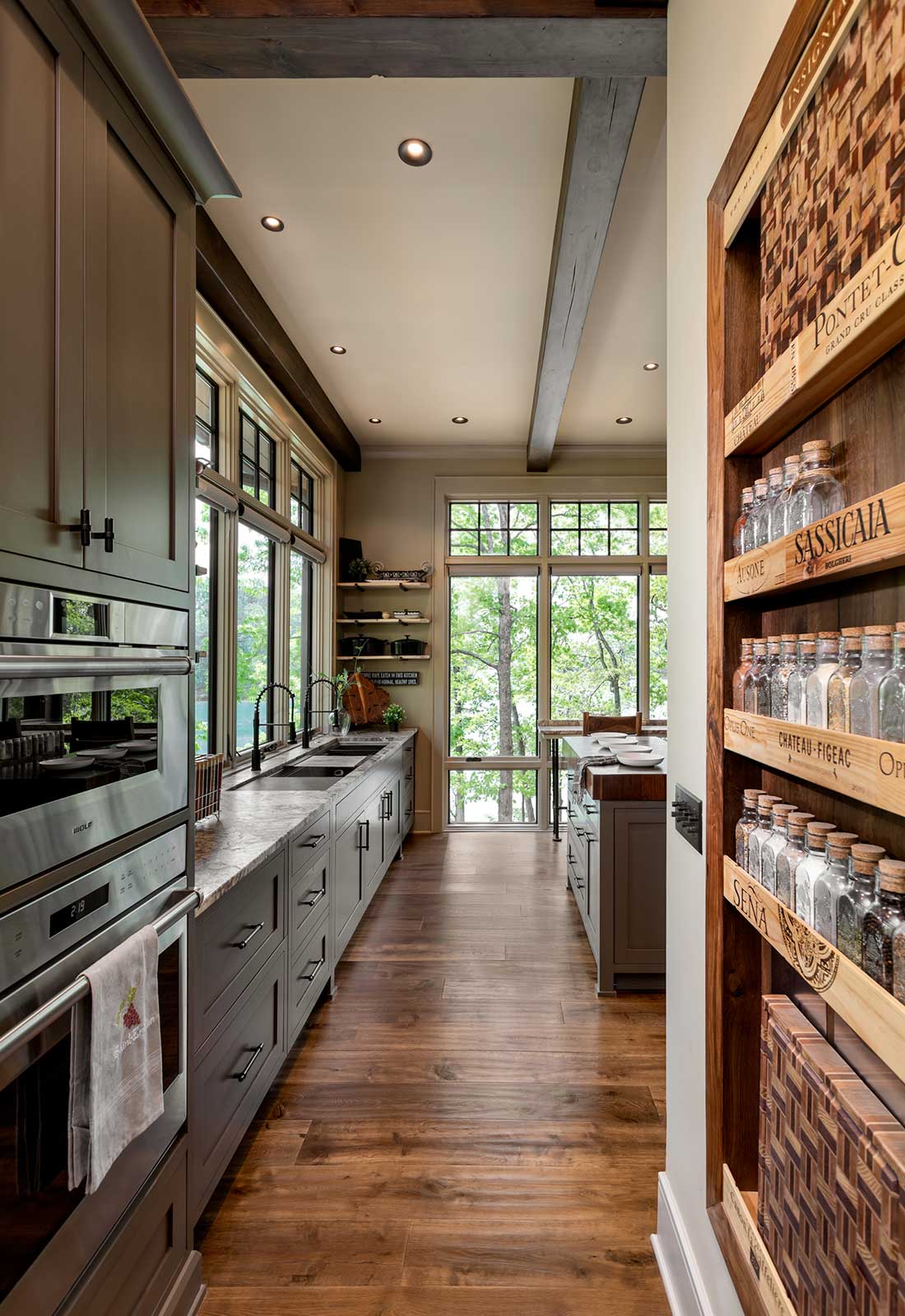 open shelving, brick wall, custom cabinets