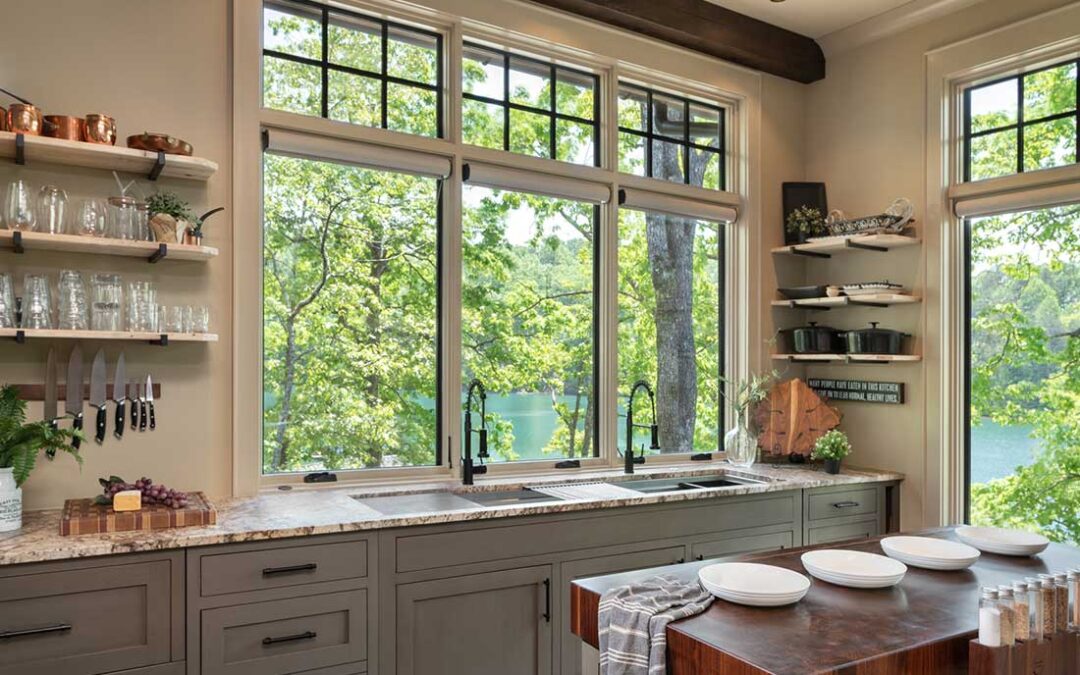 open shelving, brick wall, custom cabinets