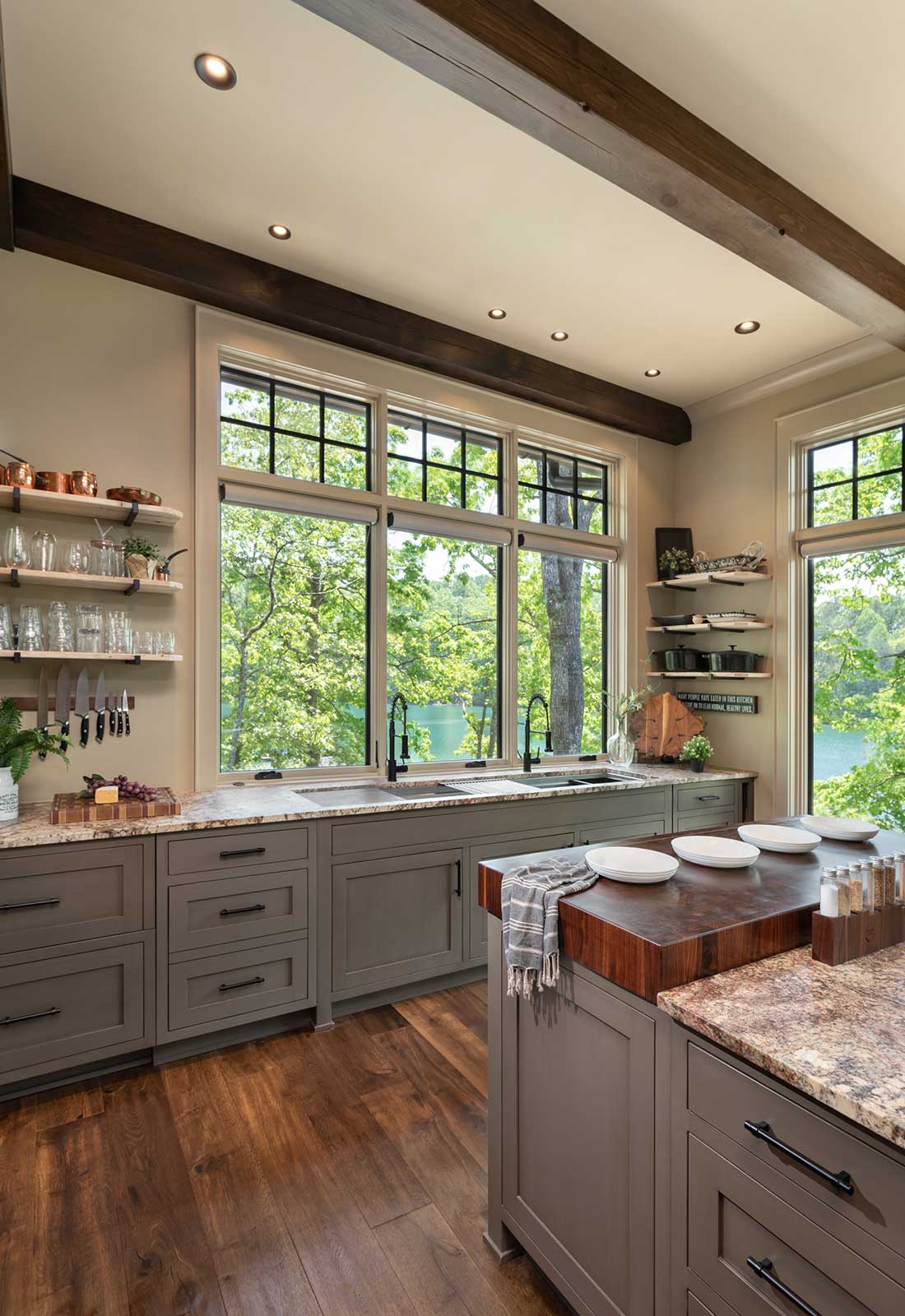 open shelving, brick wall, custom cabinets