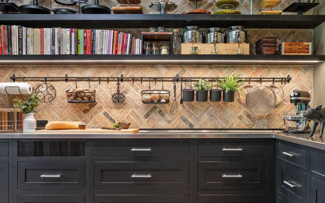 open shelving, brick wall, custom cabinets