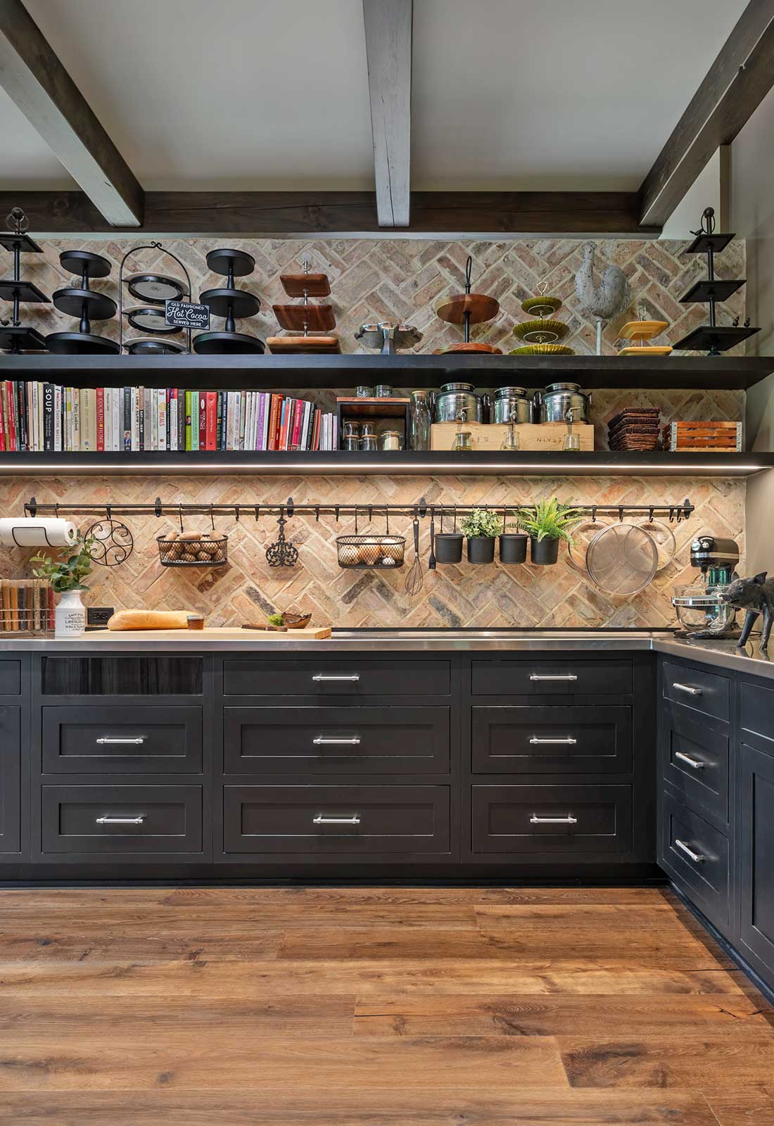open shelving, brick wall, custom cabinets