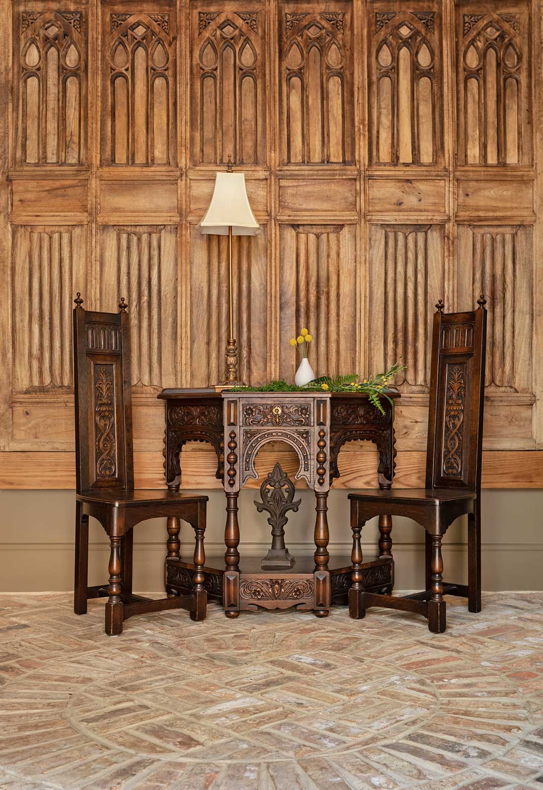 antique, vintage wall screen, antique furnishings, brick floor