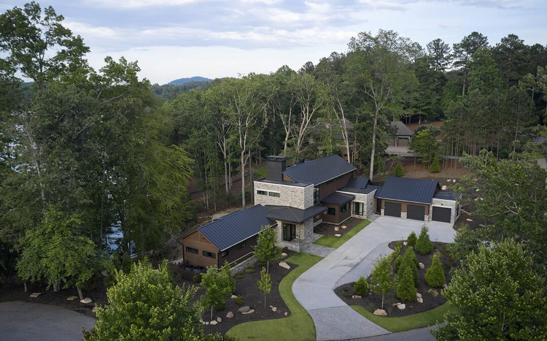 The entry and parking of the home as shown from and aerial view