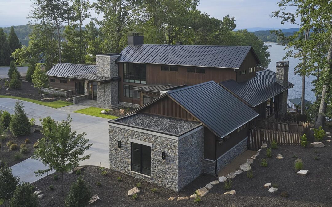 The home's exterior is a blend of wood, stone and metal, a perfect contemporary design