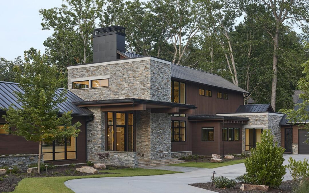 The home's exterior is a blend of wood, stone and metal, a perfect contemporary design