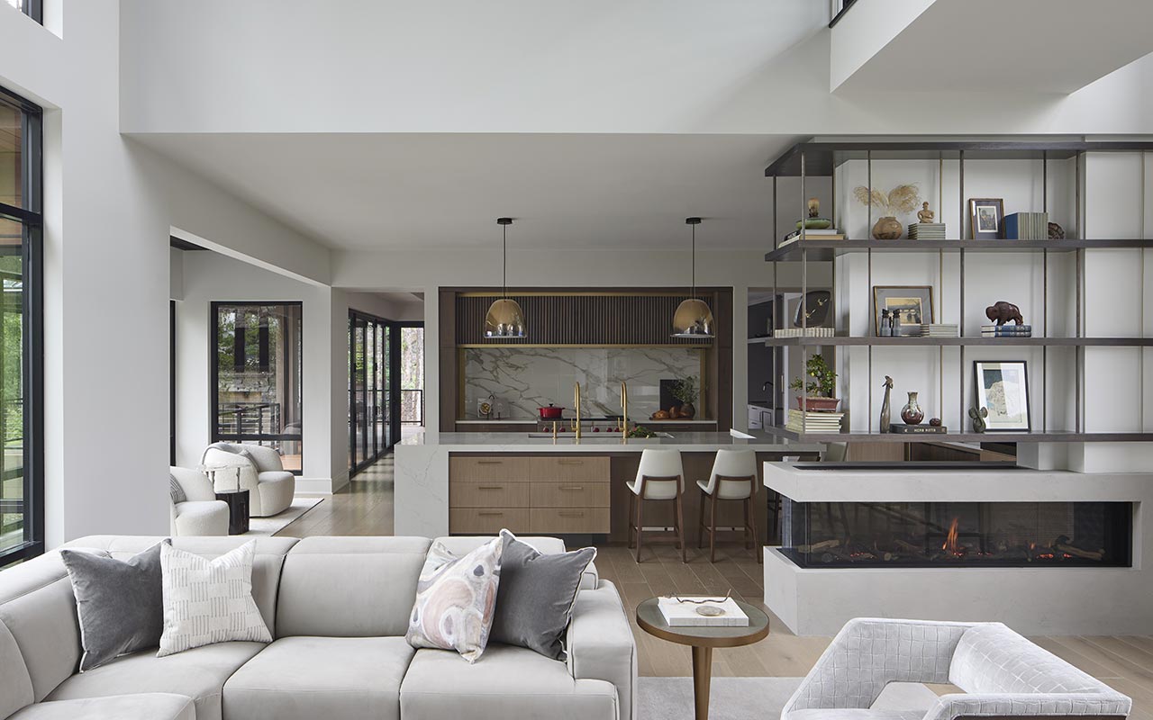 Looking from the living room to the luxury kitchen