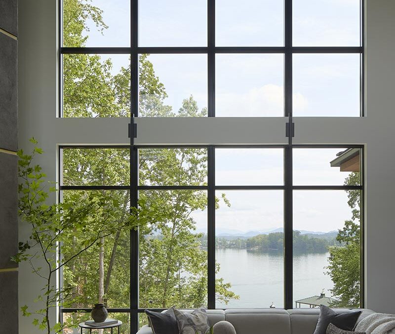 Looking out large window to Lake Keowee and Blue Ridge Mountains